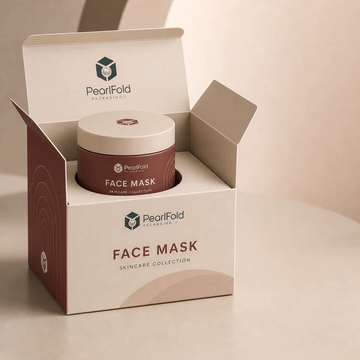 Open custom face mask box showing its fitted insert and product presentation