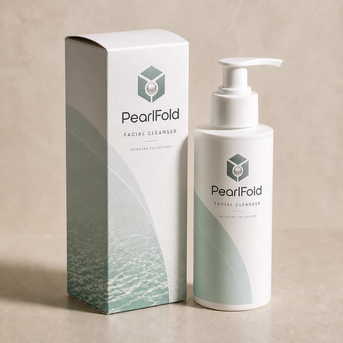 Custom facial cleanser packaging shown from a three-quarter side angle