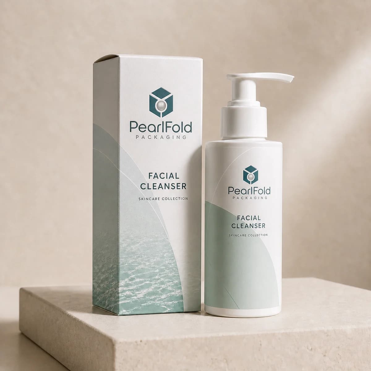 Custom facial cleanser box in a premium square retail styling scene