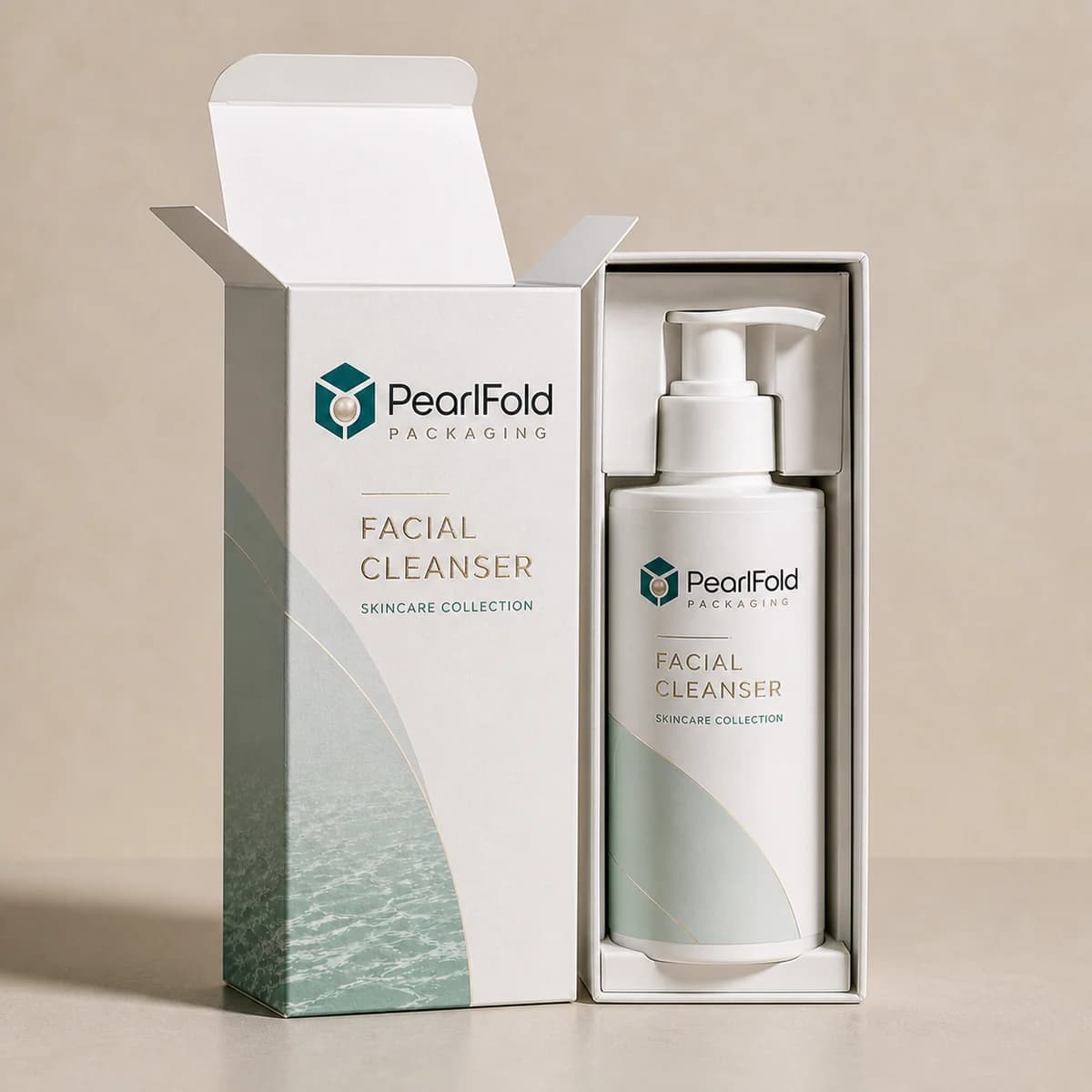 Open custom facial cleanser box showing its fitted insert and product presentation