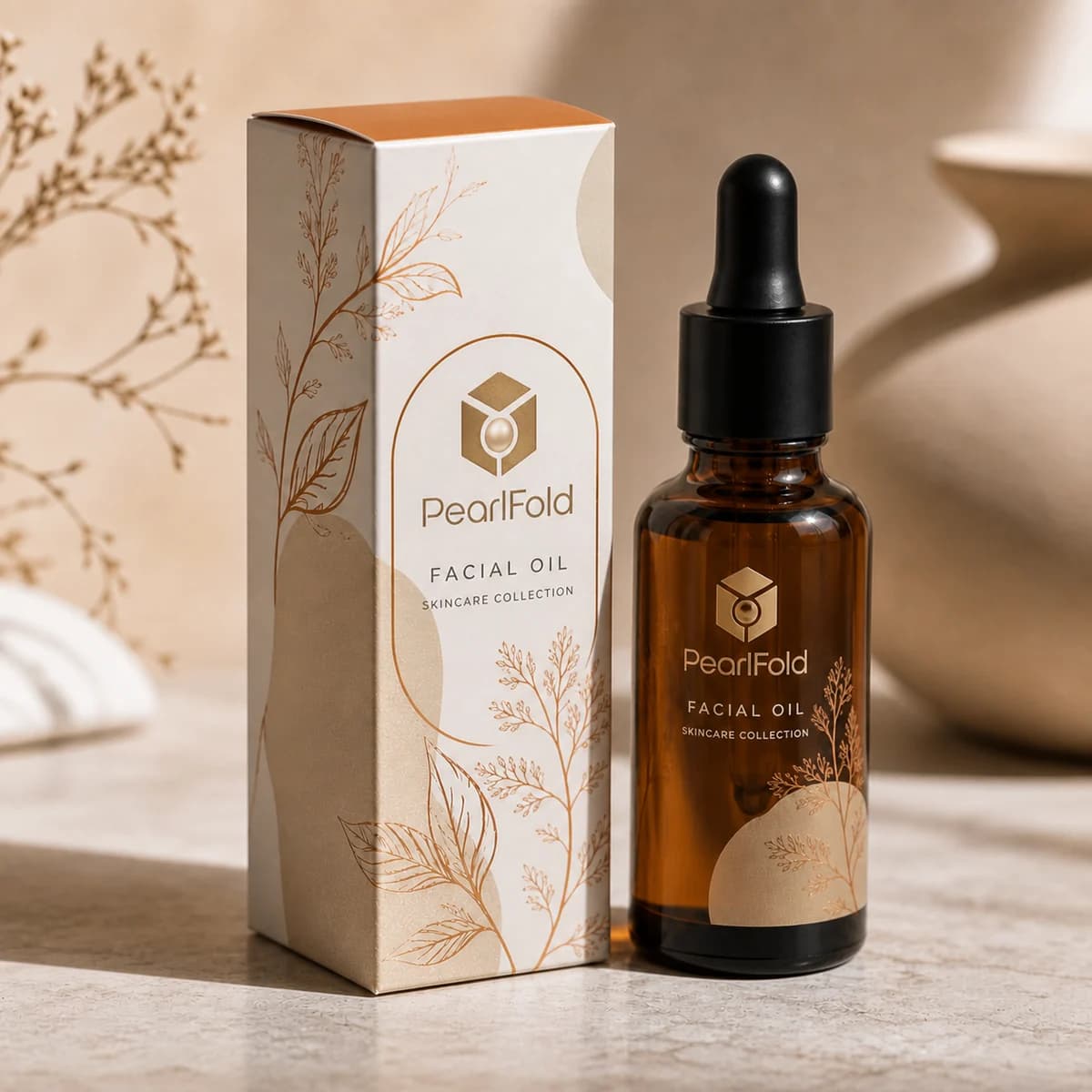 Custom facial oil packaging shown from a three-quarter side angle