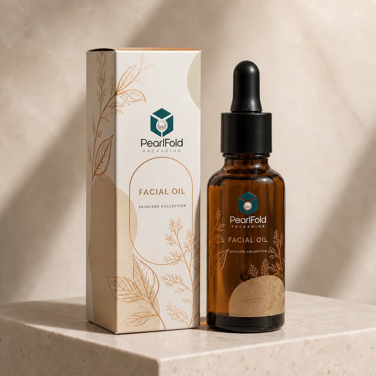 Custom facial oil box in a premium square retail styling scene