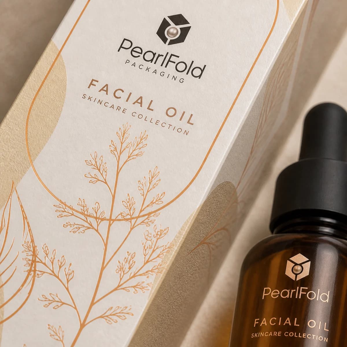 Close-up of custom facial oil box paper texture, print detail, and corner construction