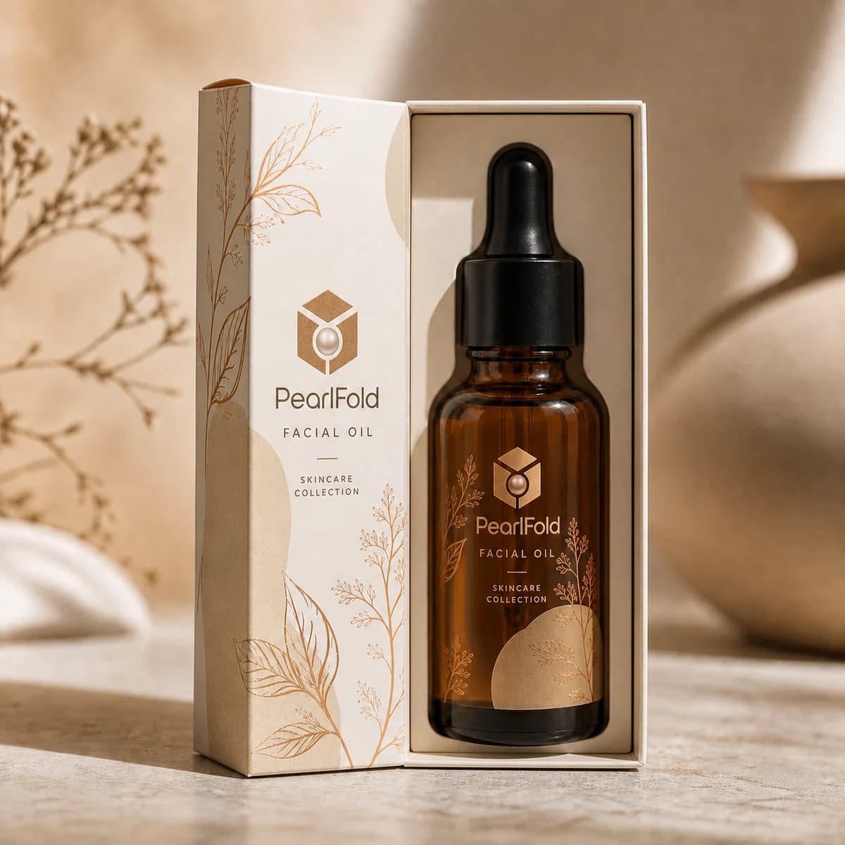 Open custom facial oil box showing its fitted insert and product presentation