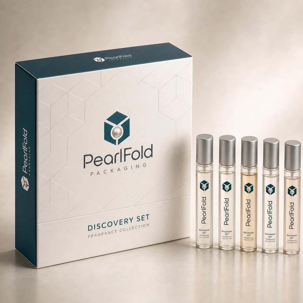 Custom fragrance discovery set packaging shown from a three-quarter side angle