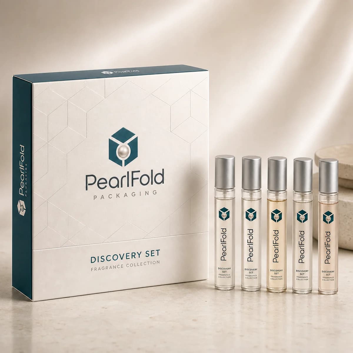 Custom fragrance discovery set box in a premium square retail styling scene