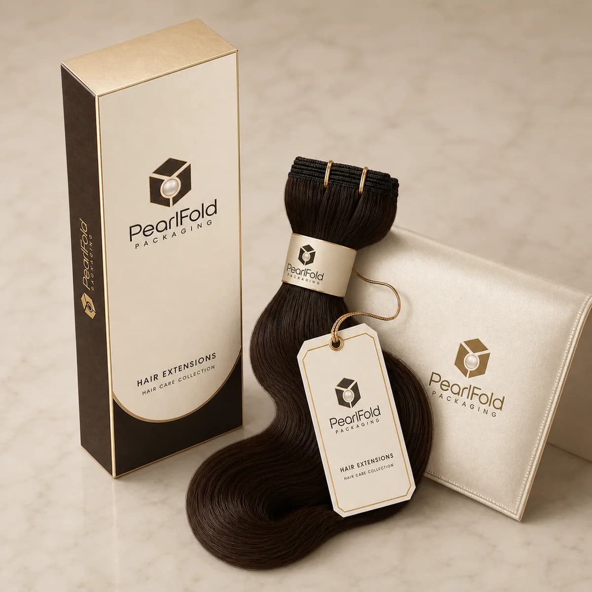 Custom hair extension packaging shown from a three-quarter side angle