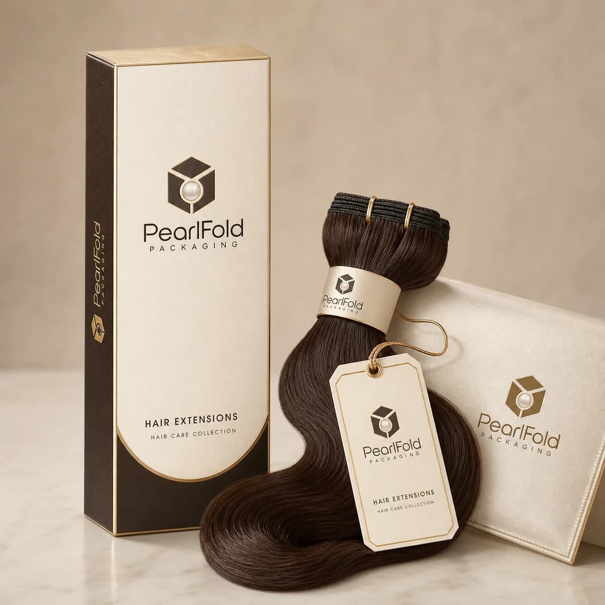 Custom hair extension box with matching product in a square studio photograph