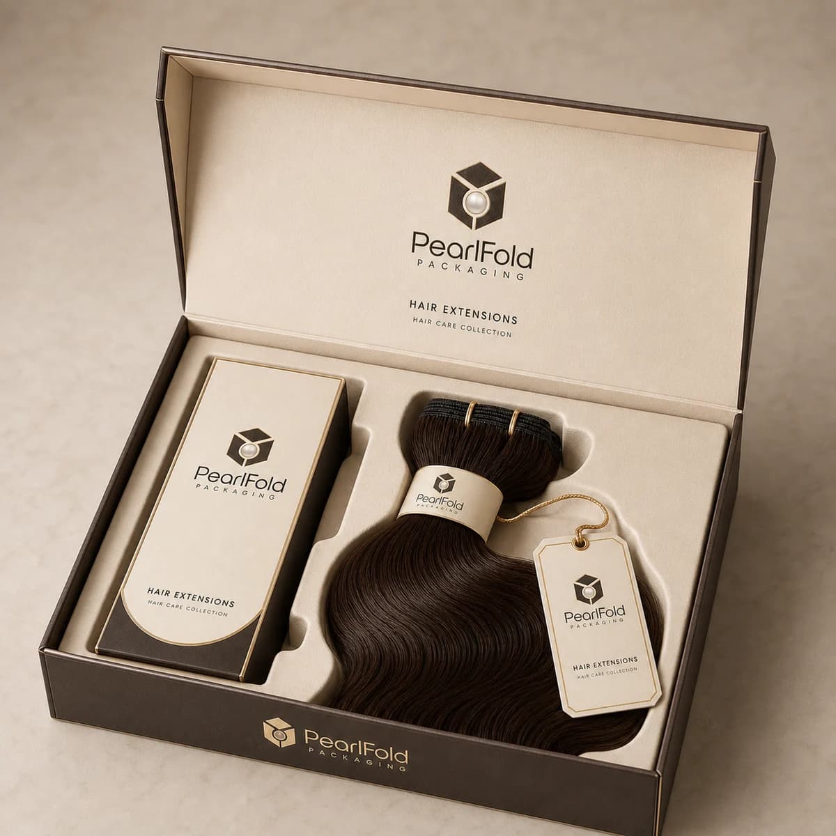 Open custom hair extension box showing its fitted insert and product presentation