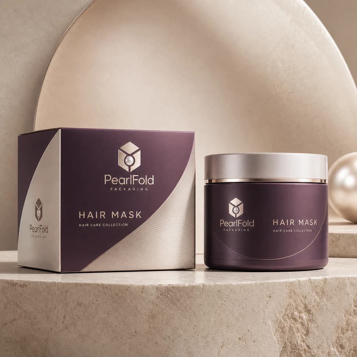 Custom hair mask box in a premium square retail styling scene