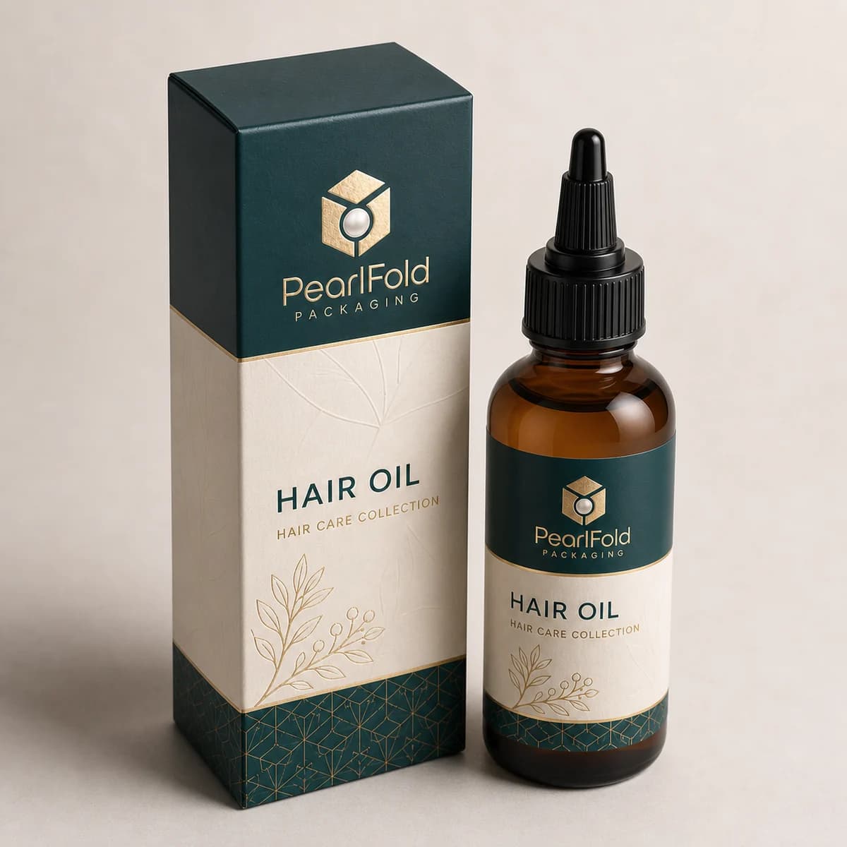 Custom hair oil packaging shown from a three-quarter side angle