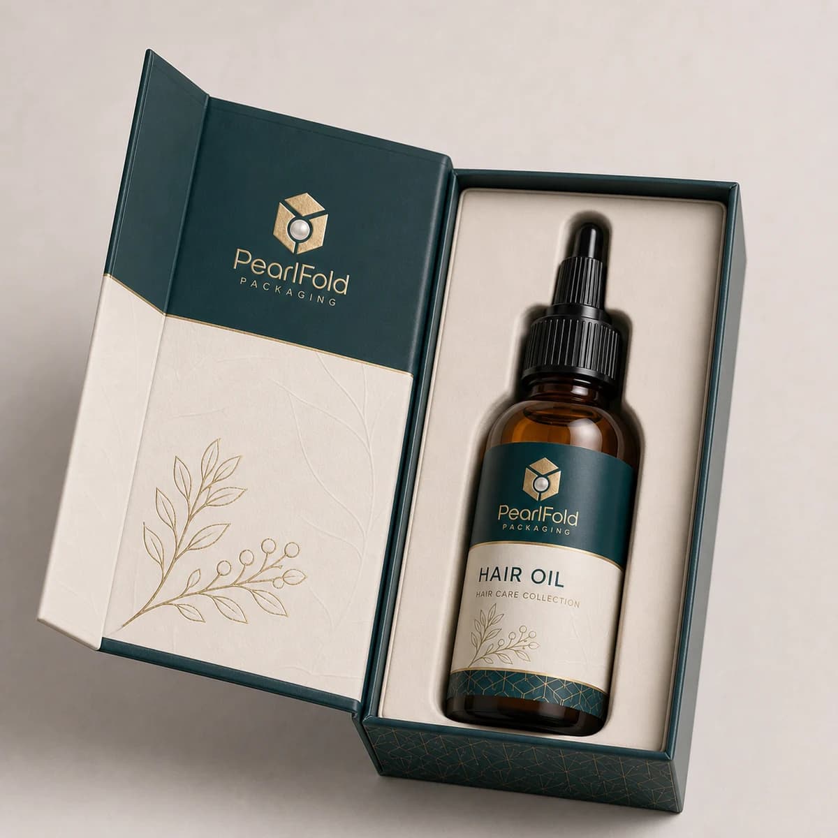 Open custom hair oil box showing its fitted insert and product presentation