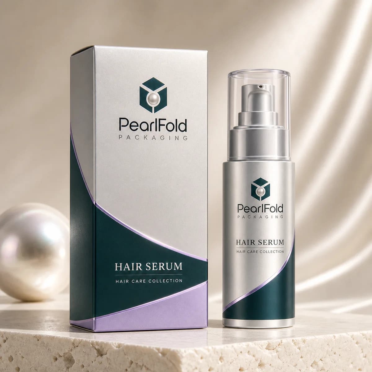 Custom hair serum box in a premium square retail styling scene