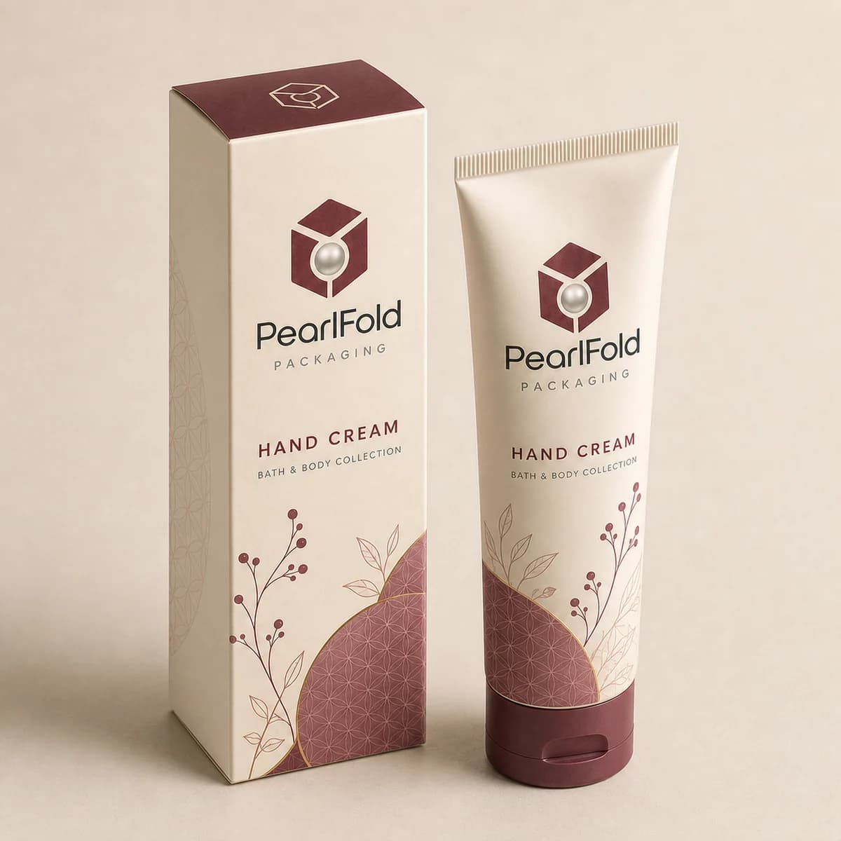 Custom hand cream packaging shown from a three-quarter side angle