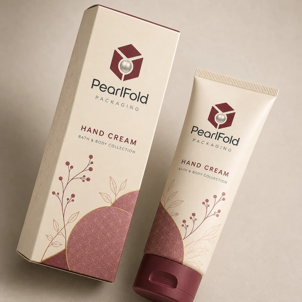Close-up of custom hand cream box paper texture, print detail, and corner construction