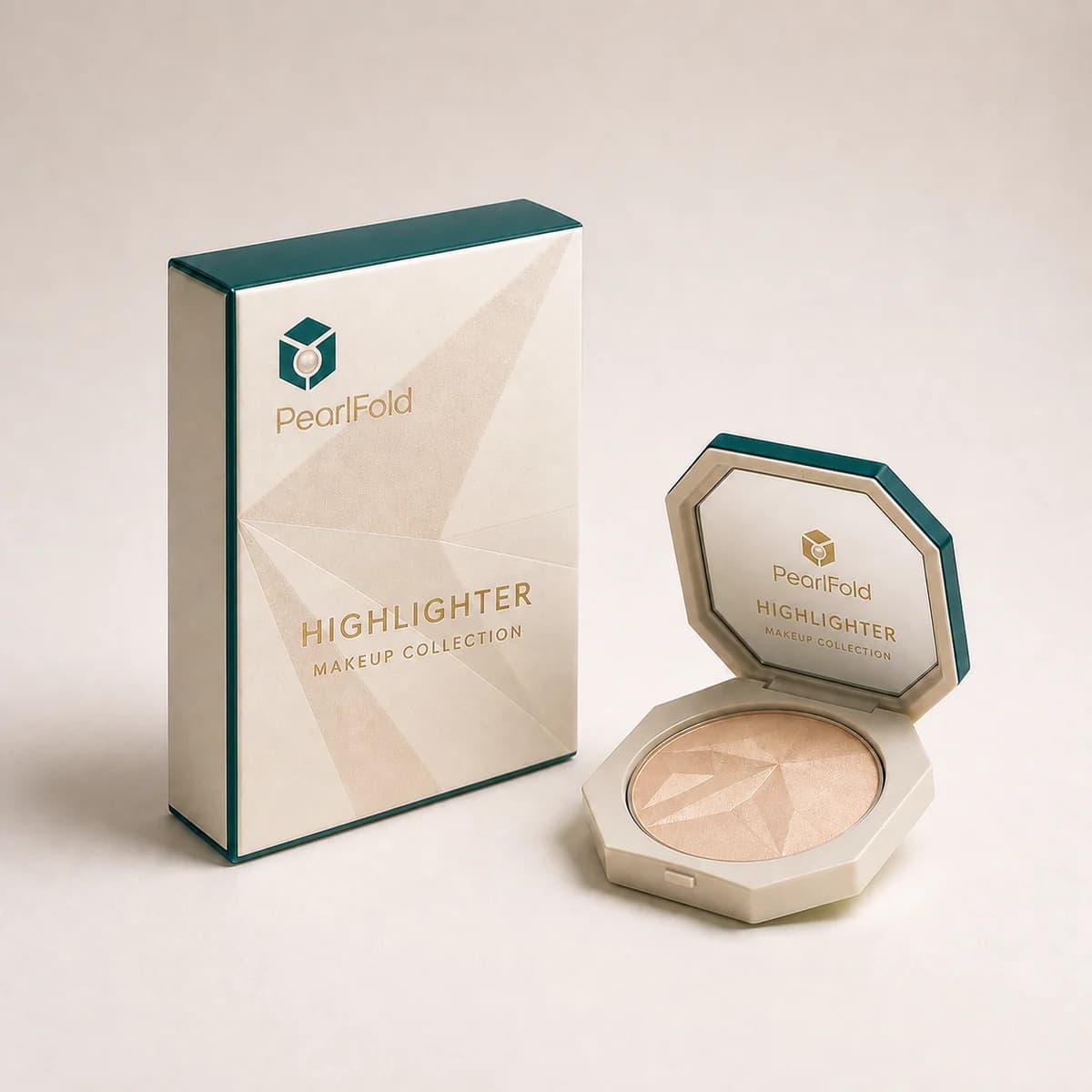 Custom highlighter packaging shown from a three-quarter side angle