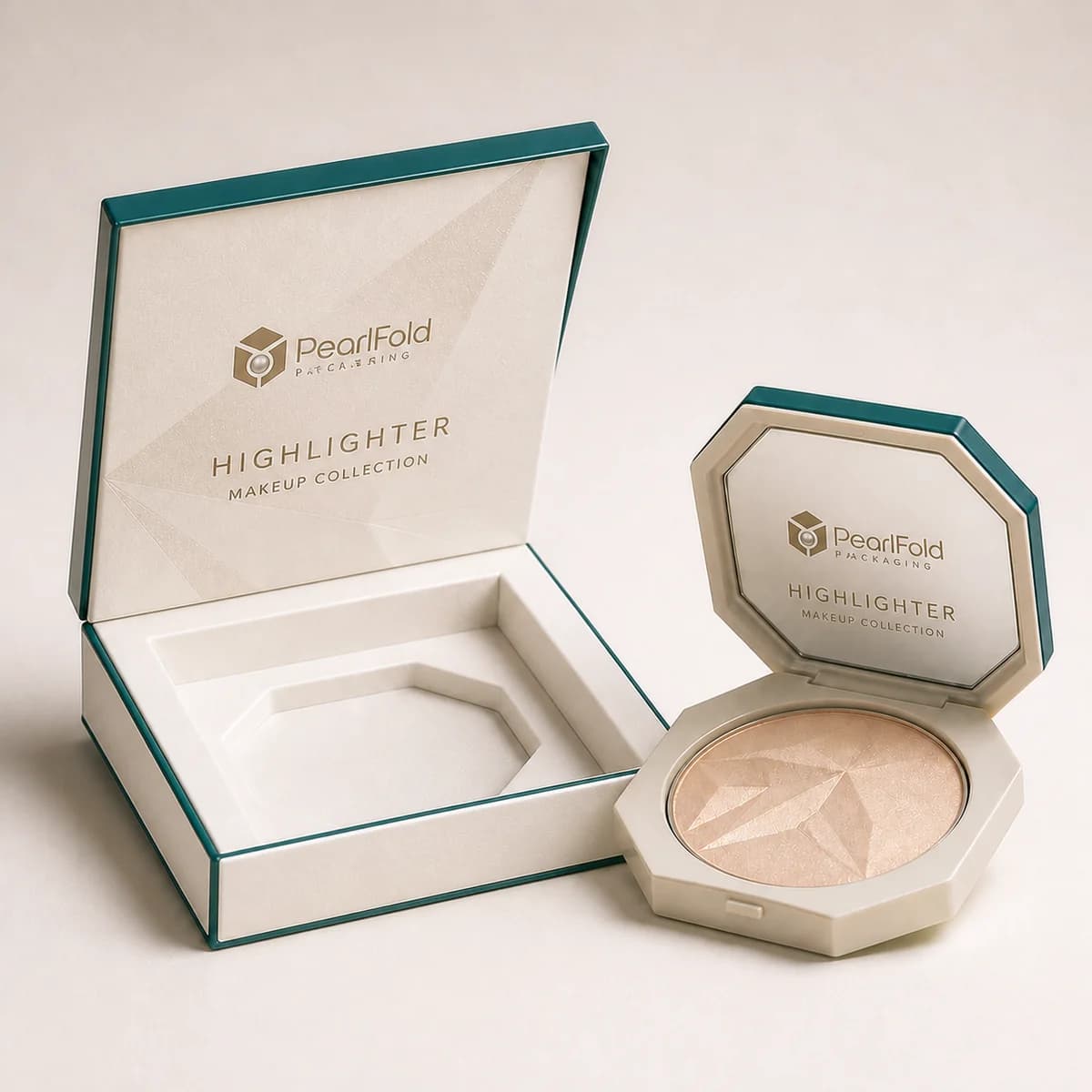 Open custom highlighter box showing its fitted insert and product presentation
