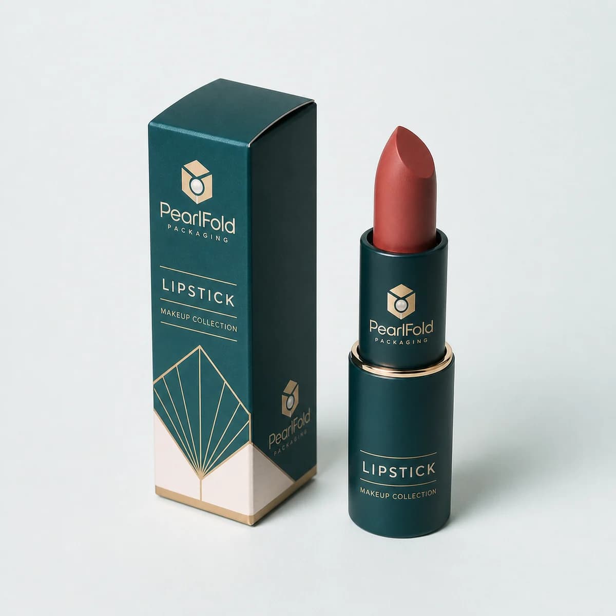 Custom lipstick packaging shown from a three-quarter side angle