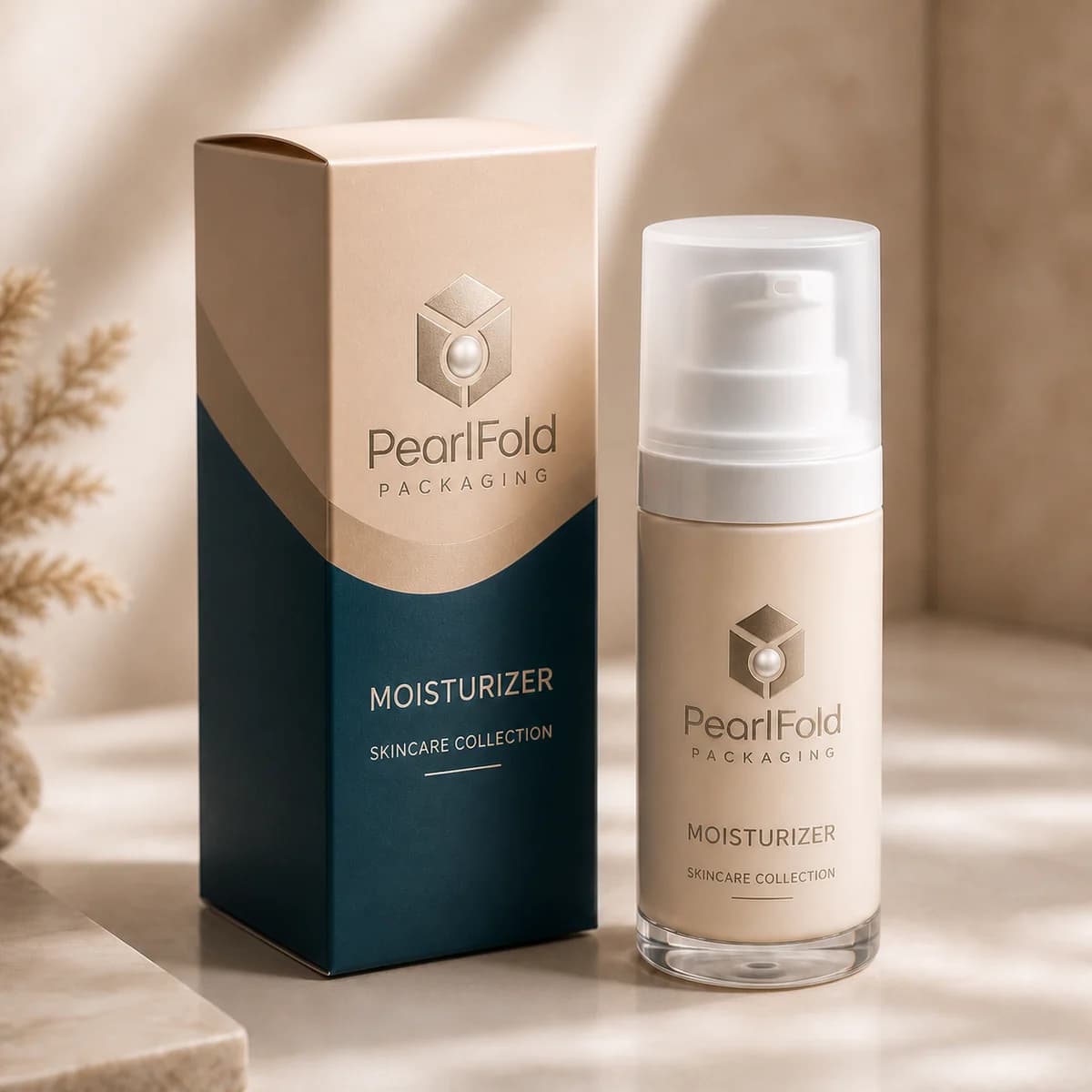 Custom moisturizer packaging shown from a three-quarter side angle