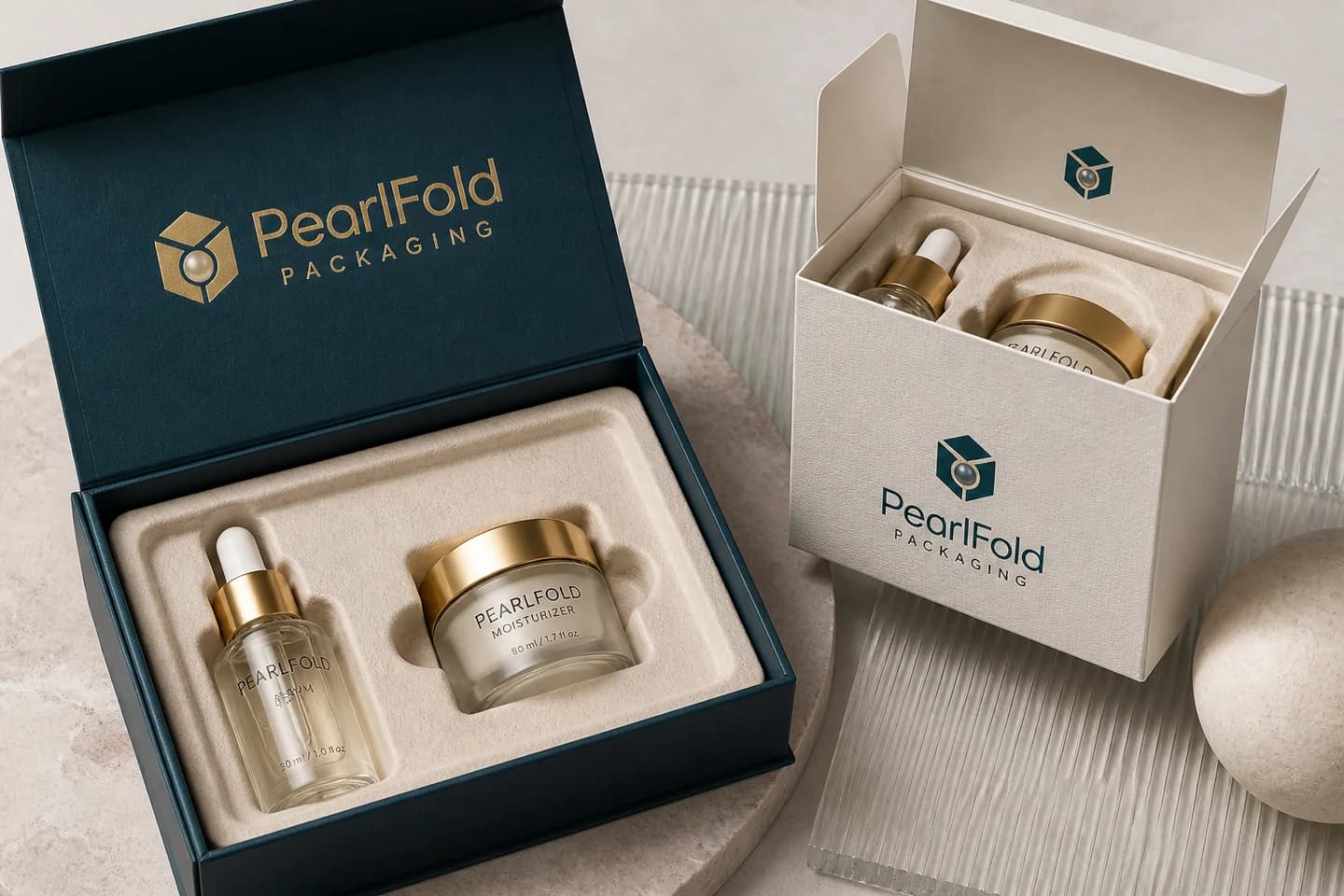 Open PearlFold boxes with fitted paper-based inserts holding serum and skincare products