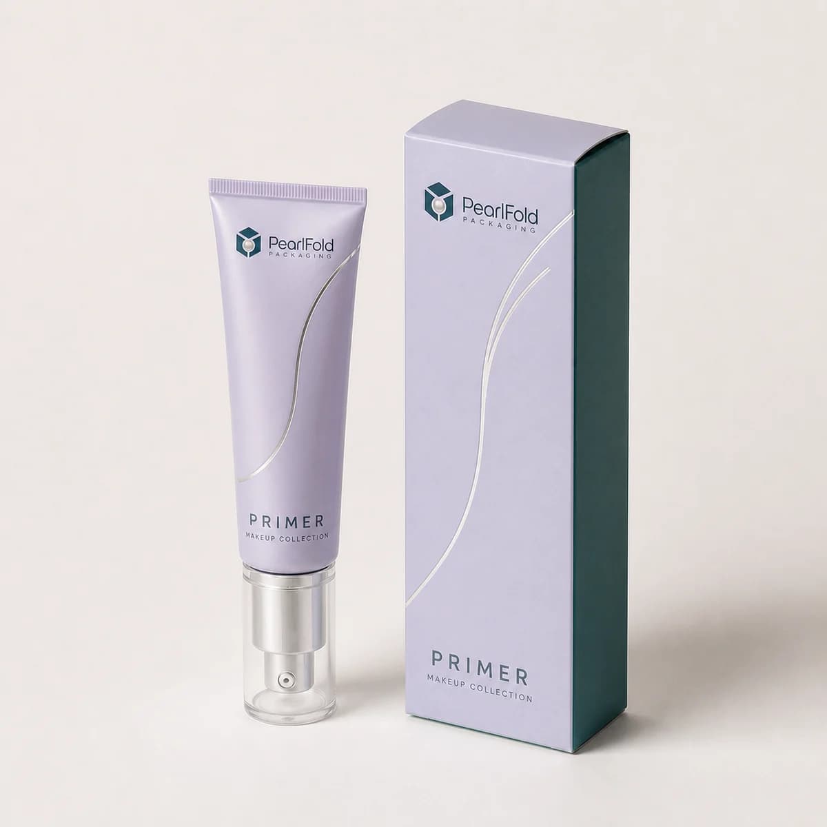 Custom primer packaging shown from a three-quarter side angle
