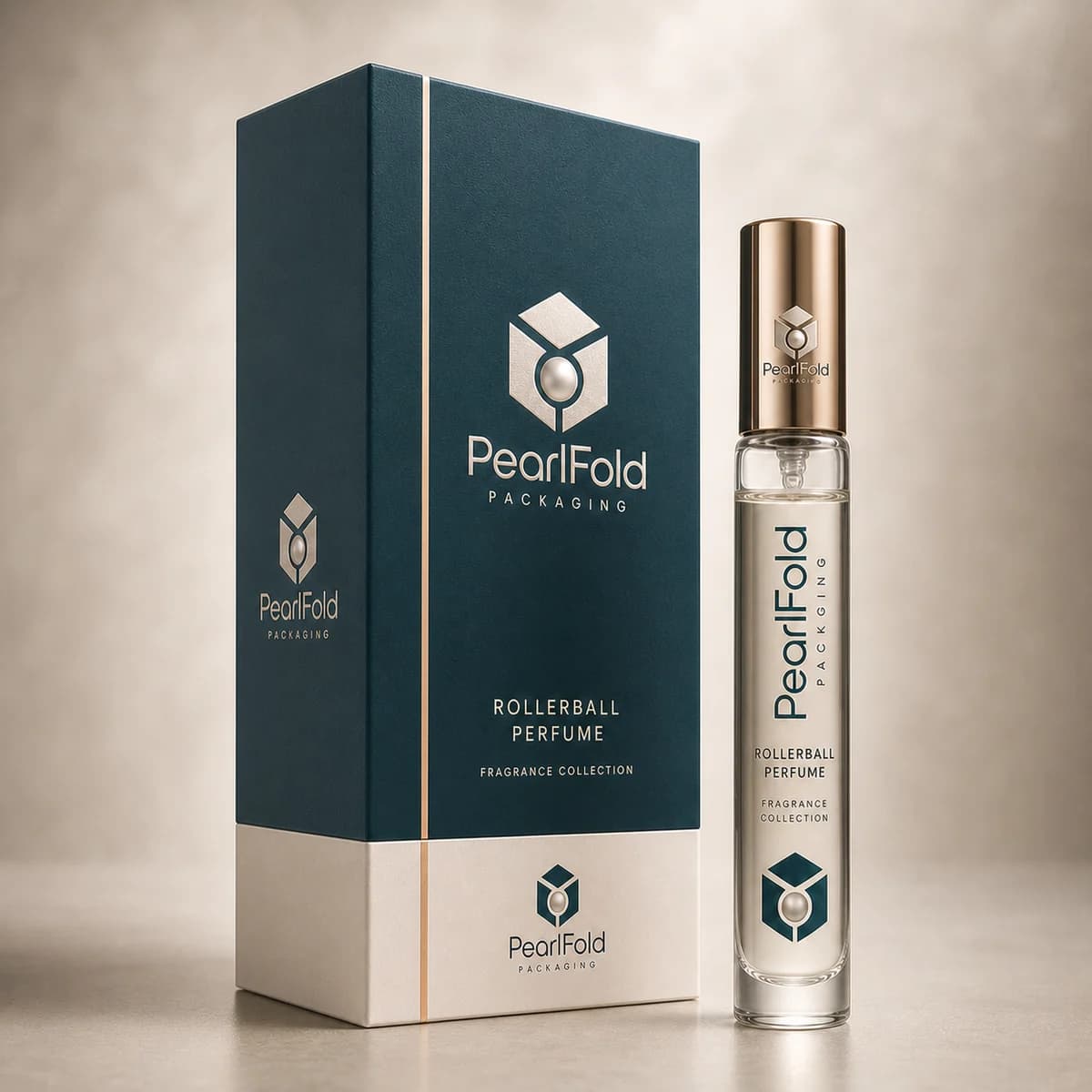 Custom rollerball perfume packaging shown from a three-quarter side angle