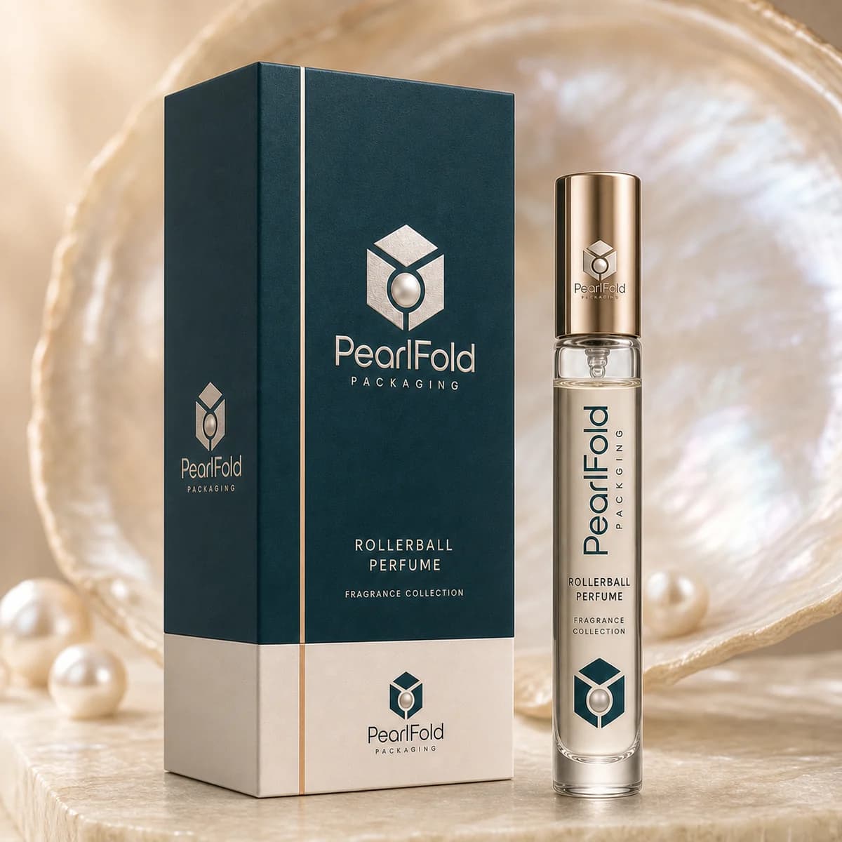 Custom rollerball perfume box in a premium square retail styling scene
