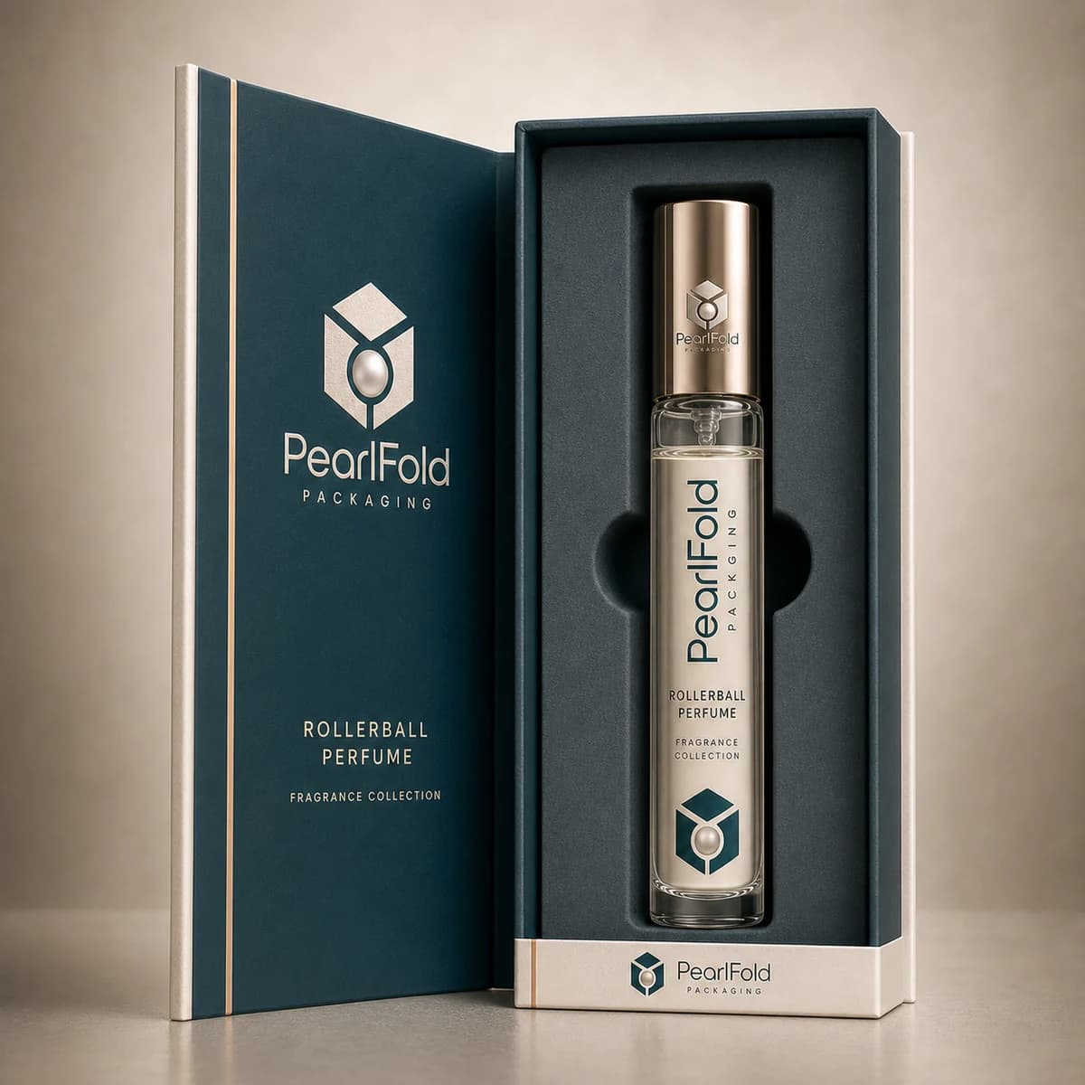 Open custom rollerball perfume box showing its fitted insert and product presentation