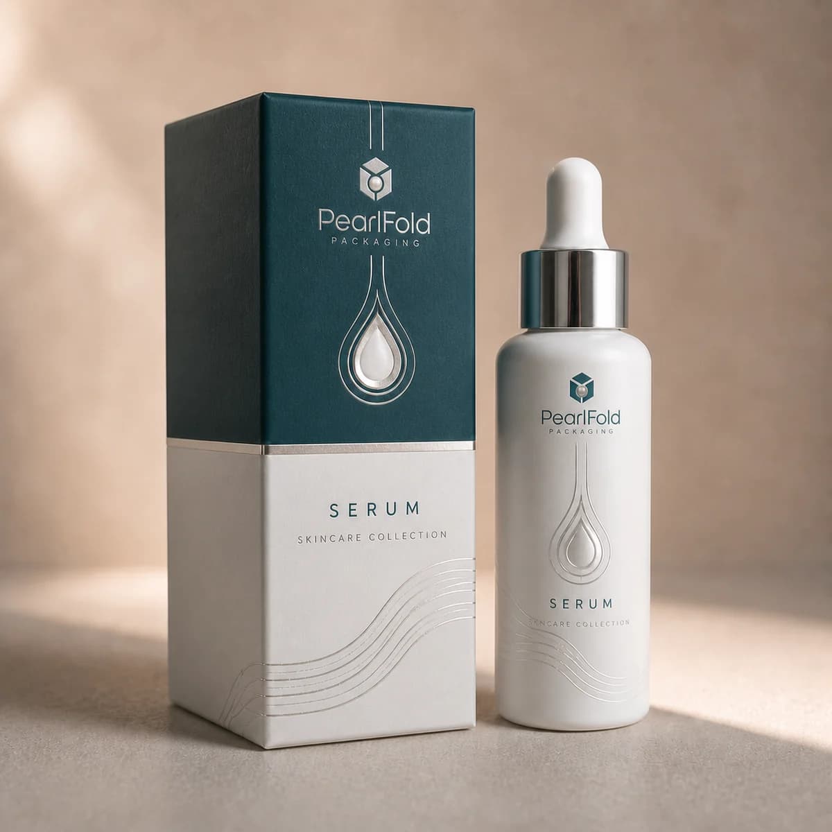Custom serum packaging shown from a three-quarter side angle