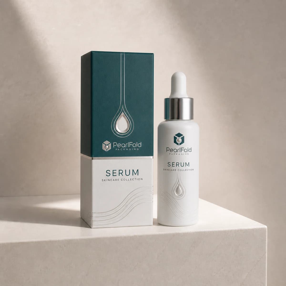 Custom serum box in a premium square retail styling scene