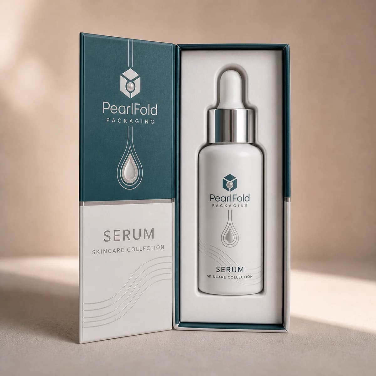 Open custom serum box showing its fitted insert and product presentation