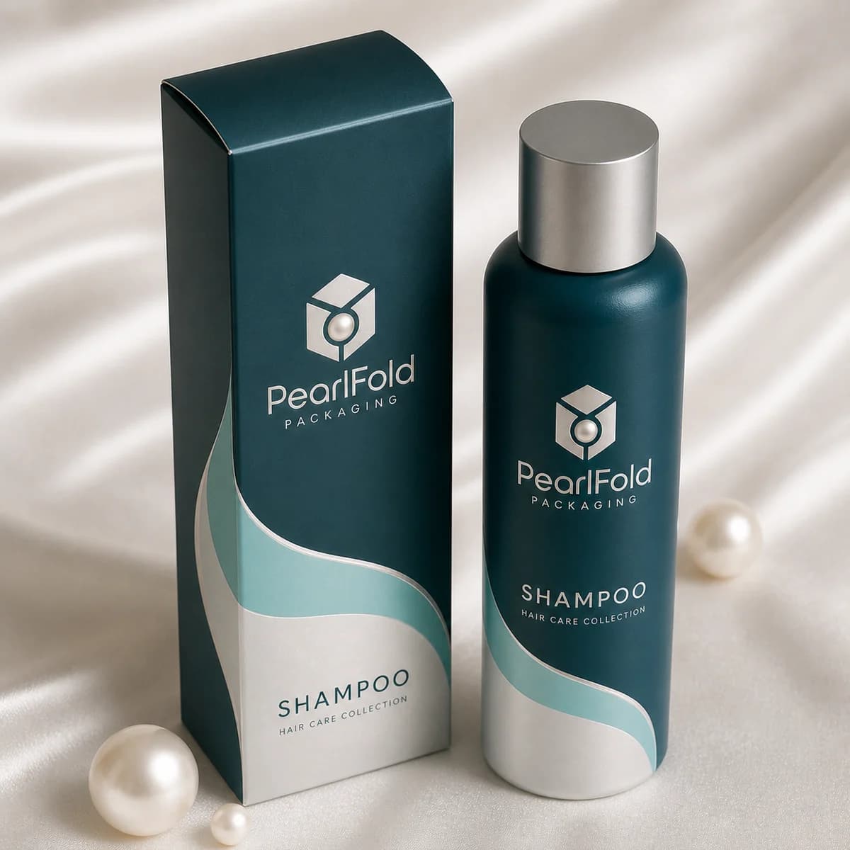 Custom shampoo packaging shown from a three-quarter side angle