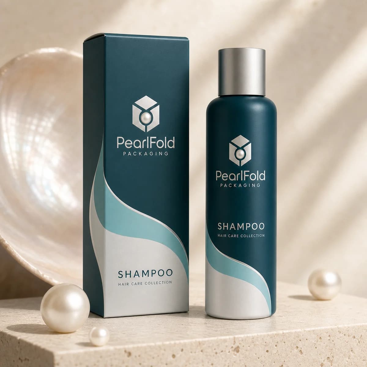 Custom shampoo box in a premium square retail styling scene