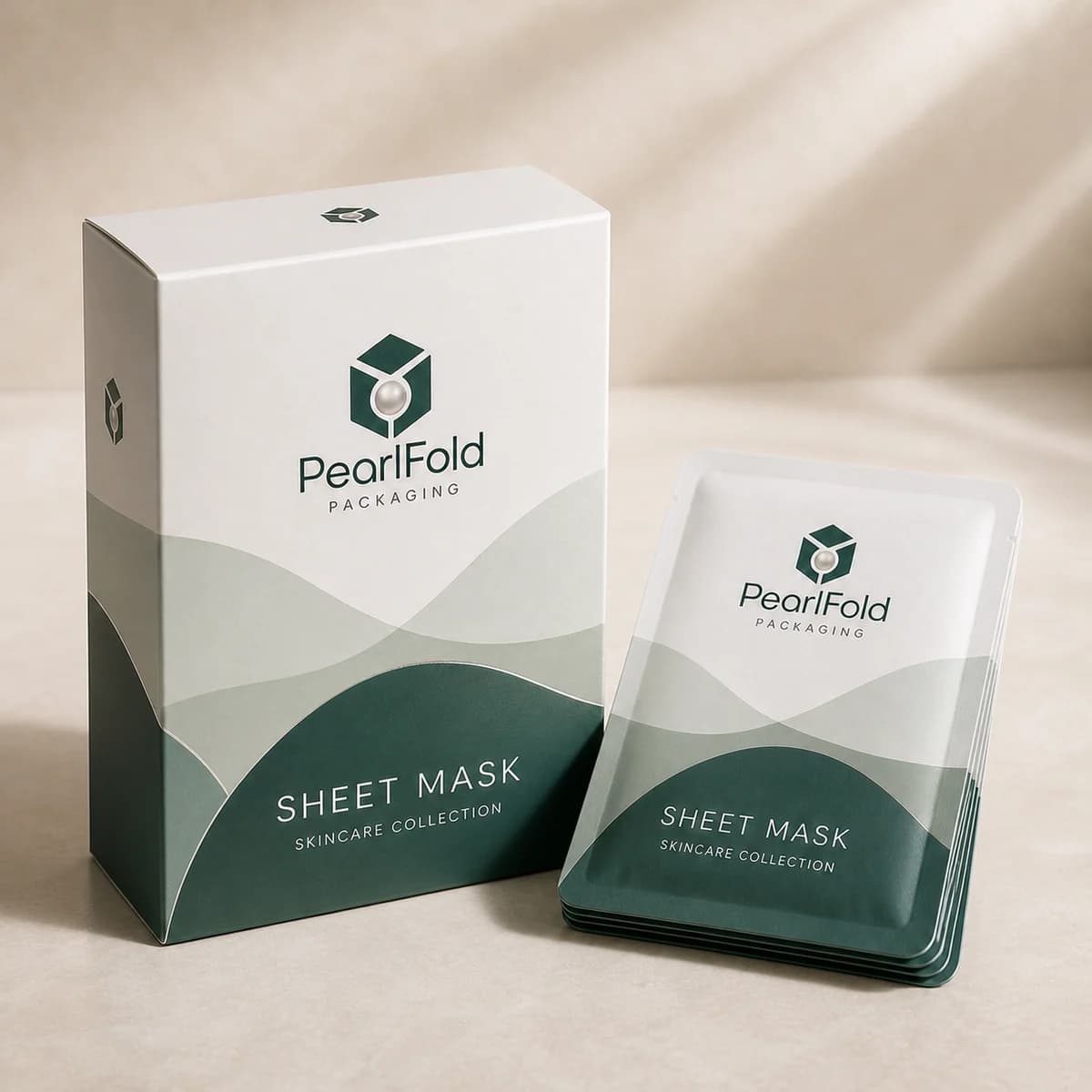 Custom sheet mask packaging shown from a three-quarter side angle