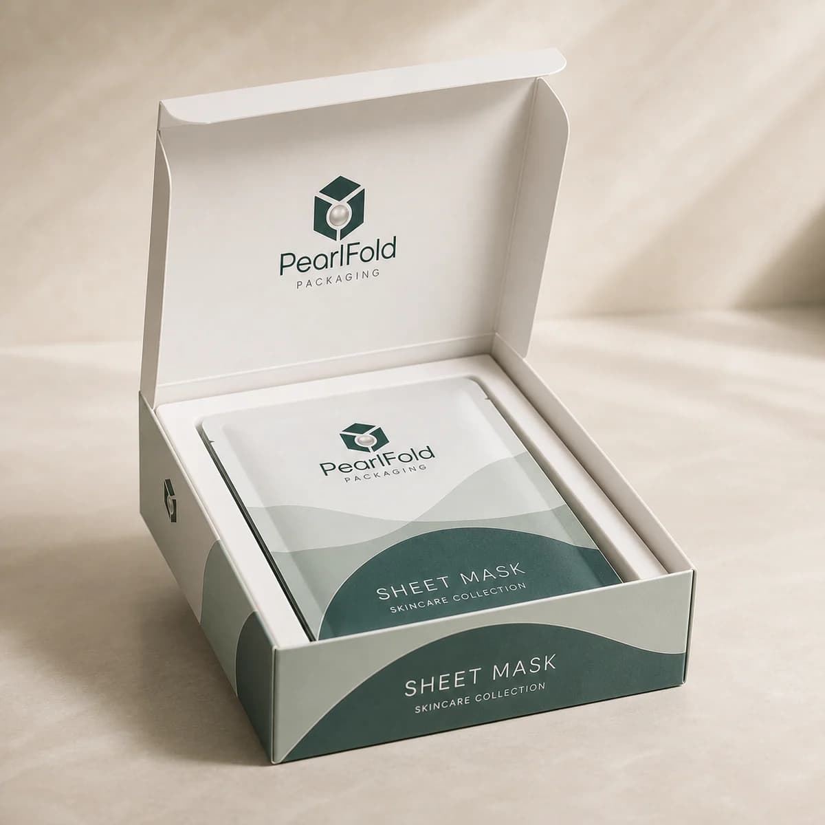Open custom sheet mask box showing its fitted insert and product presentation
