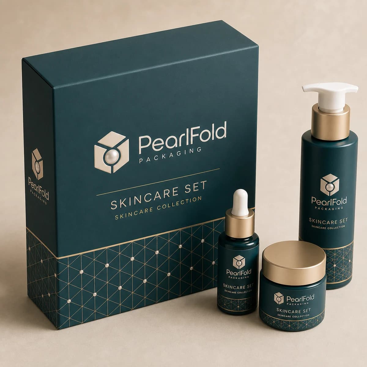 Custom skincare set packaging shown from a three-quarter side angle