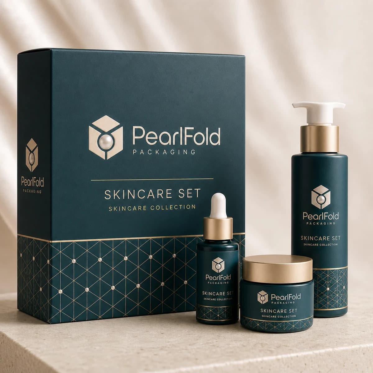Custom skincare set box in a premium square retail styling scene
