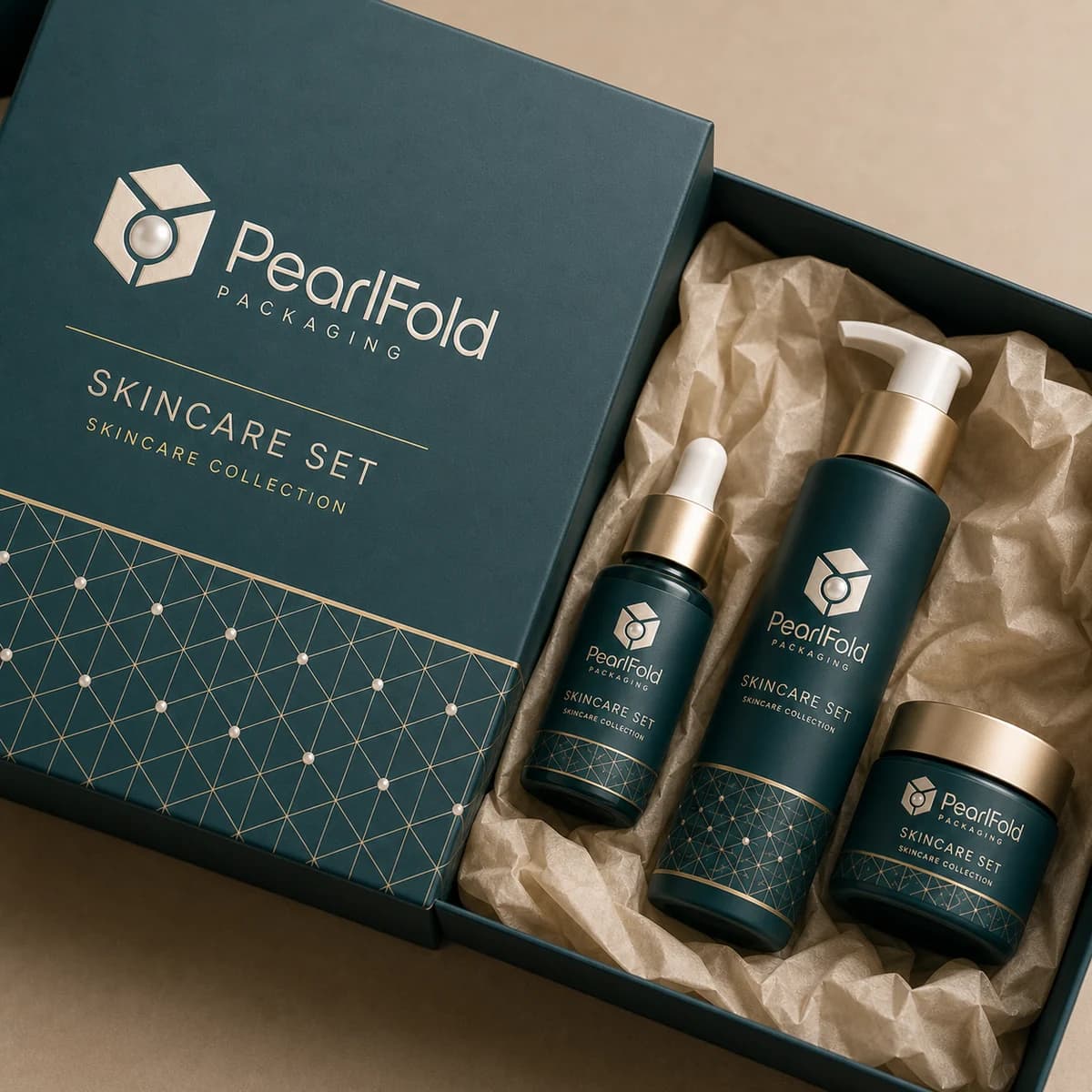 Close-up of custom skincare set box paper texture, print detail, and corner construction