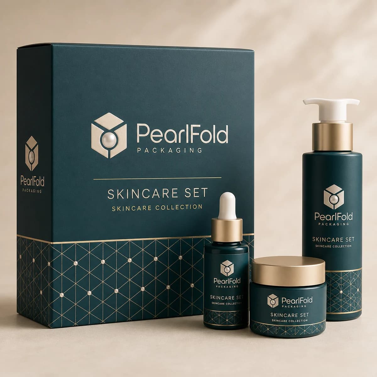 Custom skincare set box with matching product in a square studio photograph