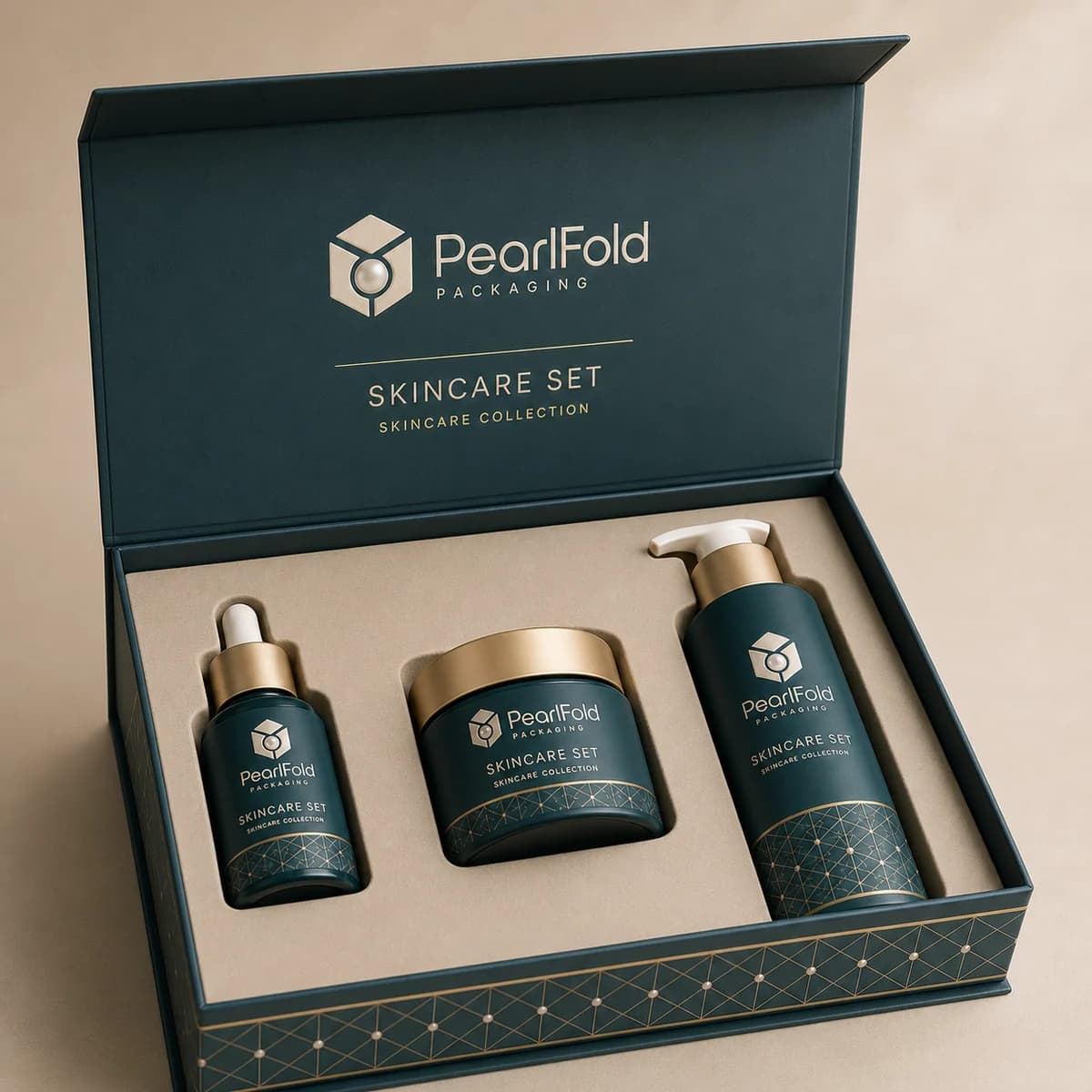 Open custom skincare set box showing its fitted insert and product presentation