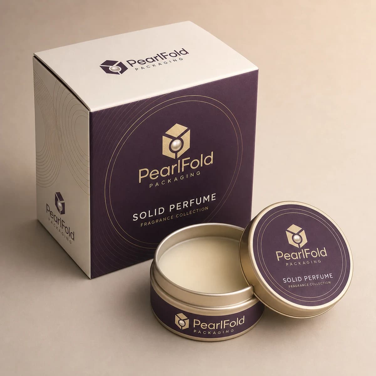 Custom solid perfume packaging shown from a three-quarter side angle