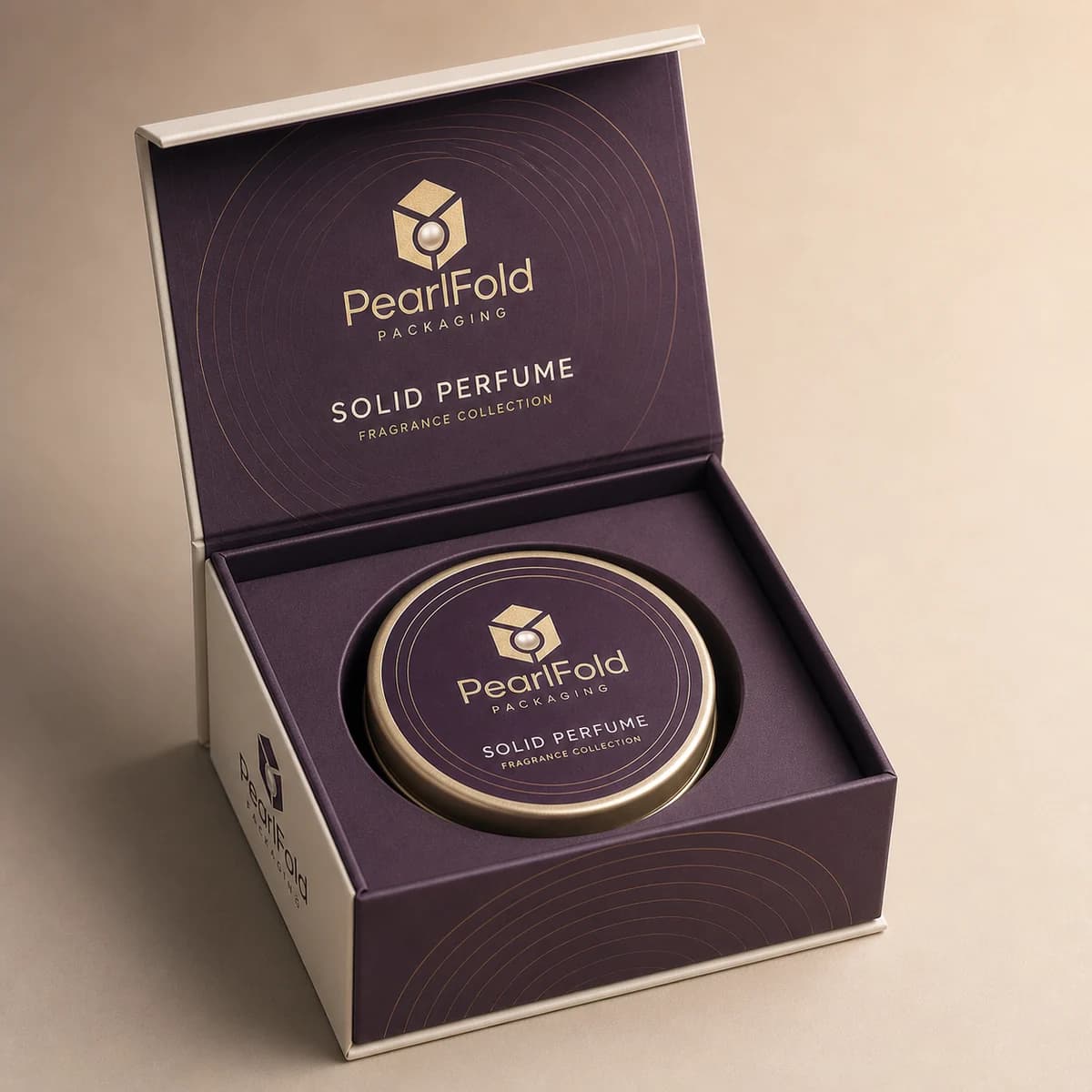 Open custom solid perfume box showing its fitted insert and product presentation