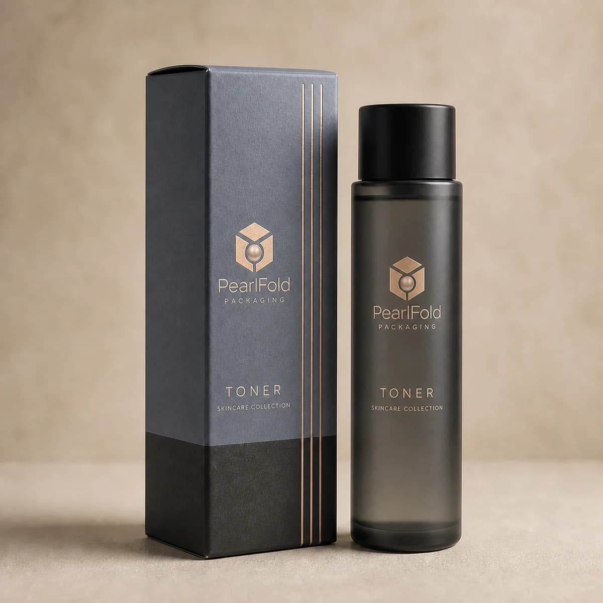 Custom toner box with matching product in a square studio photograph
