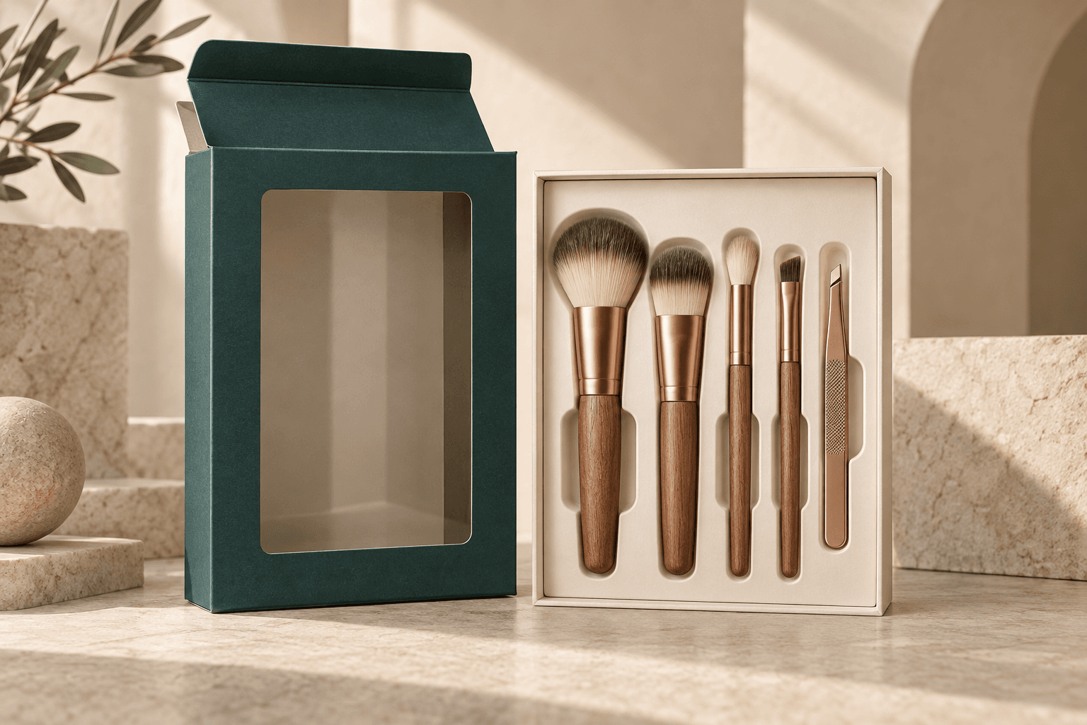 Makeup brushes and beauty tools arranged beside a window carton and fitted paperboard tray