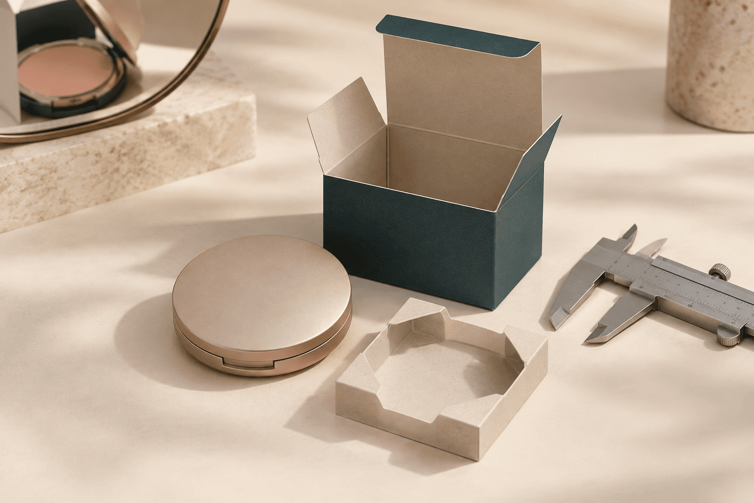 Closed blush compact beside a precisely proportioned folding carton, paperboard locator and measuring caliper