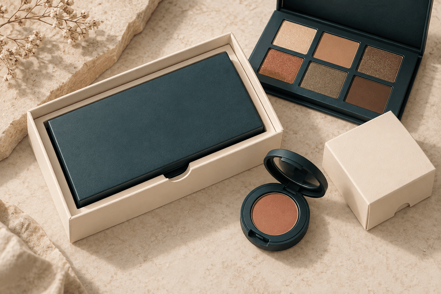 Closed eyeshadow palette in a fitted tray beside a single compact and its smaller carton
