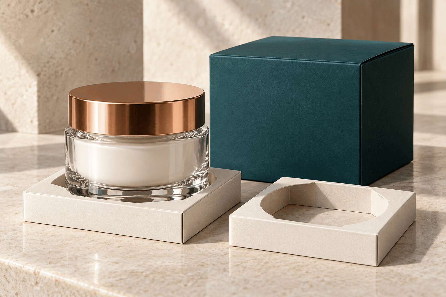 Filled glass face-cream jar beside a compact folding carton, lower-body paperboard support and caliper