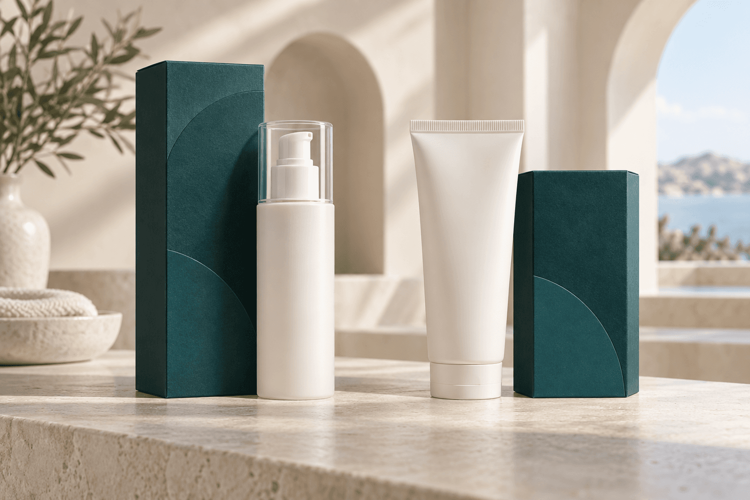 Facial cleanser pump bottle and filled tube beside differently proportioned folding cartons