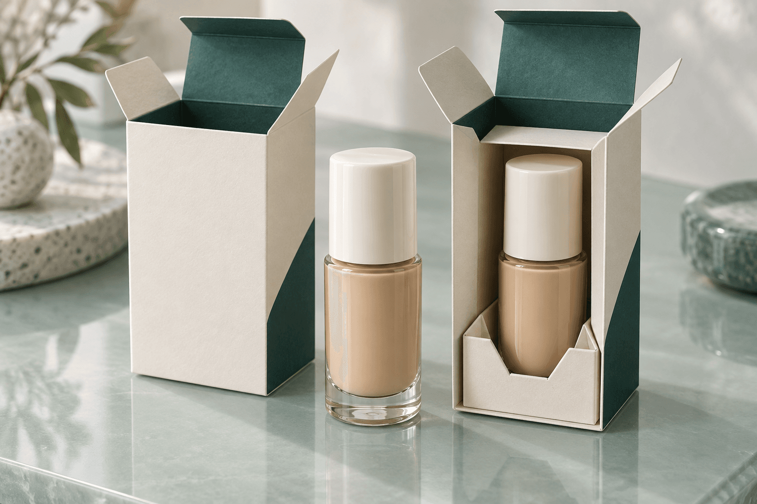 Filled foundation bottle between a carton-only prototype and a carton with localized folded paperboard retention