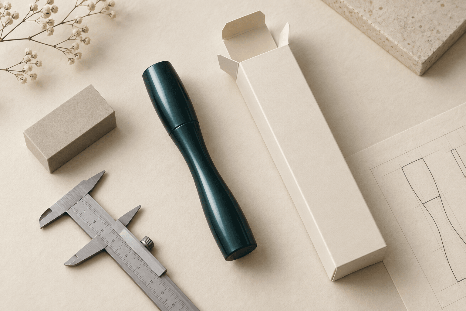 Closed waisted mascara tube beside a long open carton and caliper on a warm technical work surface